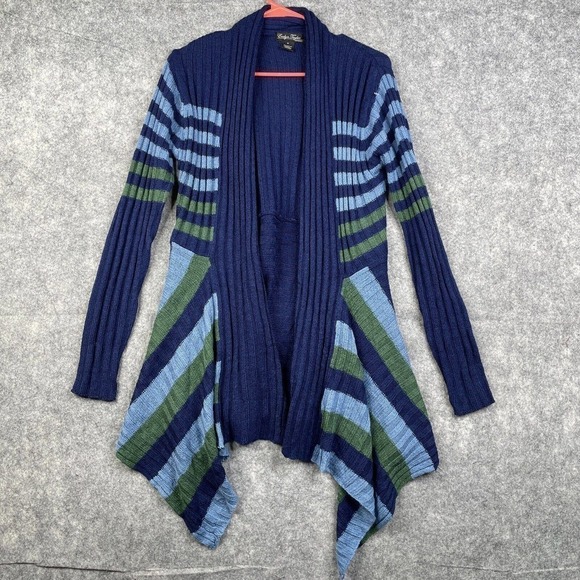 EVELYN TAYLOR Sweaters - Evelyn Taylor Open Cardigan Women's Medium Navy Stripe Ribbed Drape-Hem